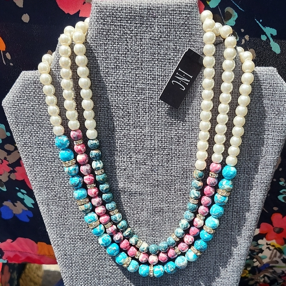 INC International Concepts Multistrand Pearl and Turquoise Pink Beaded Necklace